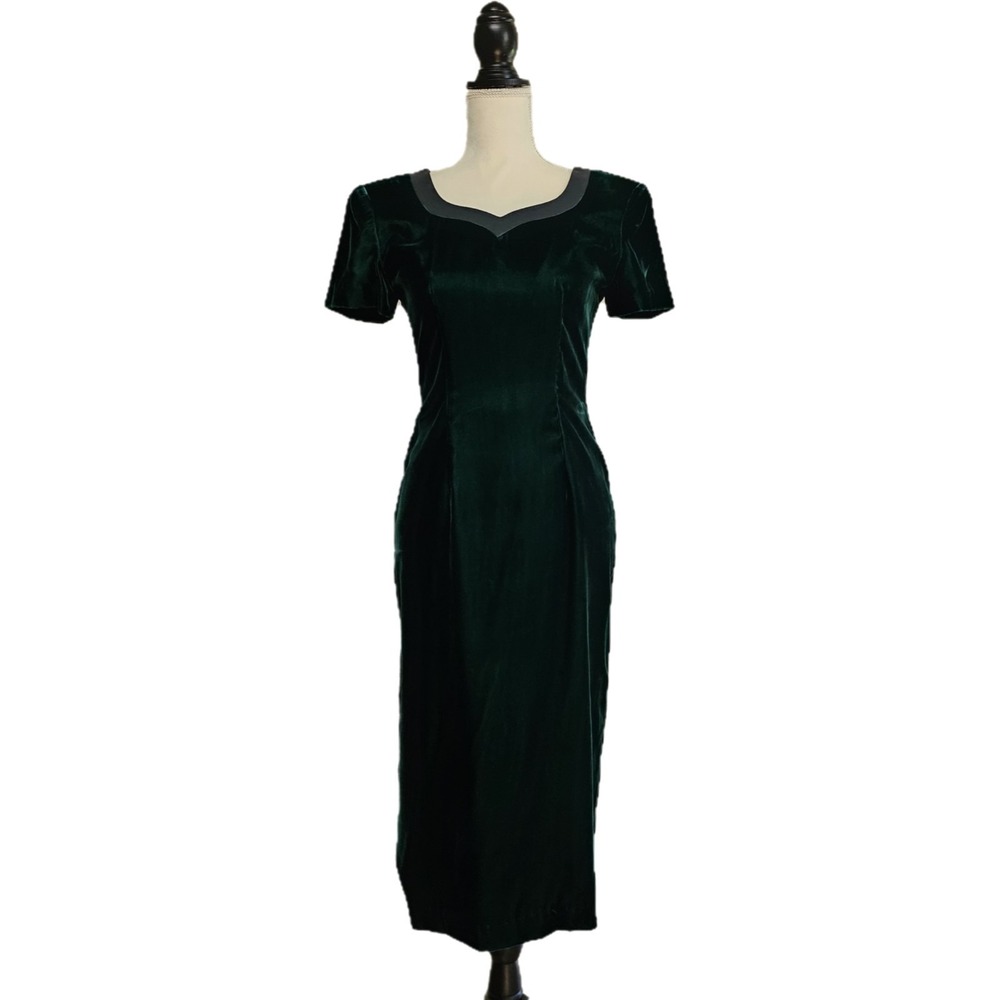Vintage 80s Talbots Green Velvet Bow Back Midi Dress Size 2P Holiday Coquette